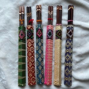 6 Pairs Chopsticks Thai Palm Wooden Silk Handicraft Handmade Set Gift Souvenir